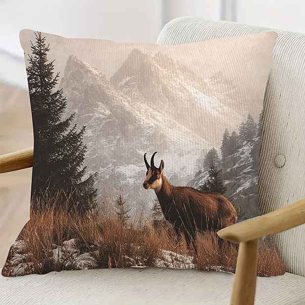 TEMU 1 měkkého oboustranného dekoračního polštáře o rozměrech 45,72 x 45,72 cm s zimní alpské kožené kozy a sněhového horského divokého zvěře. Tento