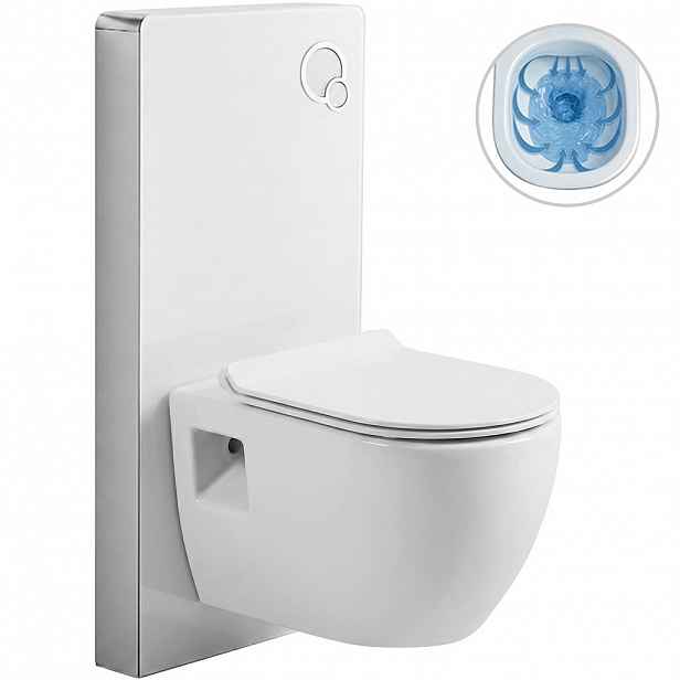Kompletní WC set Modul/Dure - bílá lesklá - integrované WC tlačítko - pneumatický modul - 51x35 cm