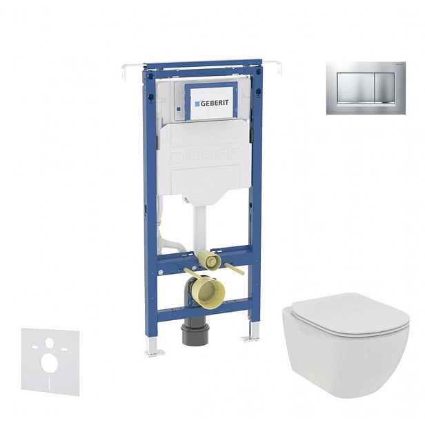 Geberit Duofix - Set předstěnové instalace, klozetu a sedátka Ideal Standard Tesi, tlačítka Sigma20, Rimless, SoftClose, matný chrom/chrom SANI11CD210