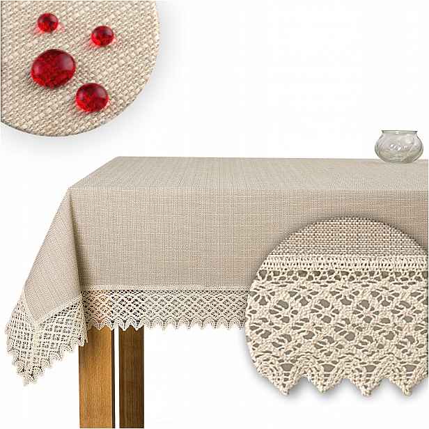 Ubrus Bavlněno-Polyesterový s Krajkou 7 cm Odolný Skvrnám Béžový 140x240 cm