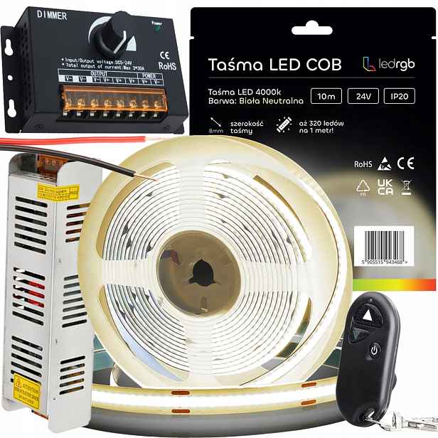 Sada Led pásků Neon Cob 24V 10 m 4000K Bílá Neutrální Napájecí Zdroj Knoflík