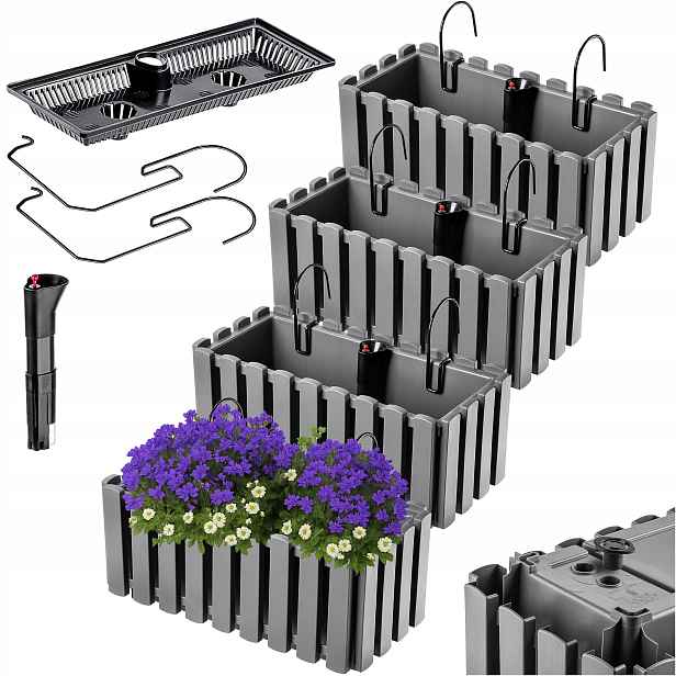 4x Balkonový Truhlík Květináč 40 cm Květináč Květiny Zábradlí Balkon Šedá