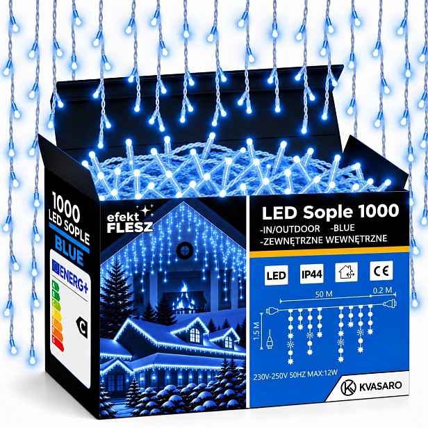 Rampouchy 1000 Led Záclona Venkovní Osvětlení IP44 Modrá Studený Blesk 50 M