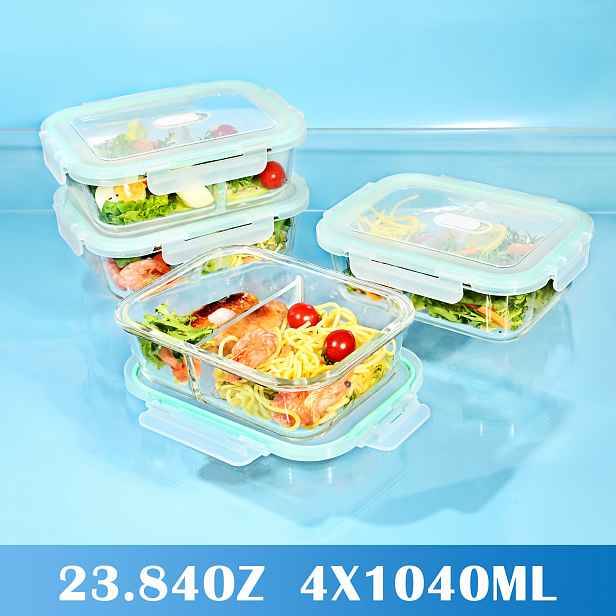 TEMU Sada 4 skleněných dóz na potraviny z borosilikátového skla s víčky, každý s objemem 1040 ml. Tyto stohovatelné, vzduchotěsné boxy na přípravu