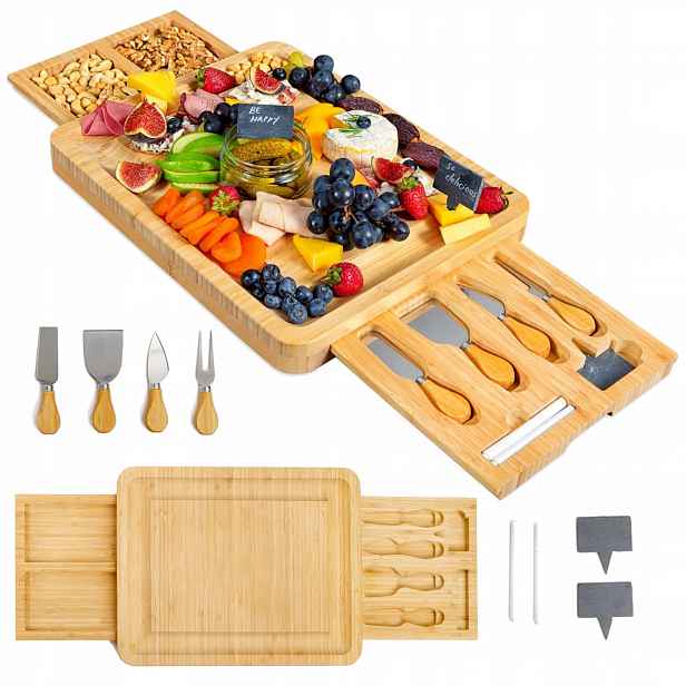 Bambusová Sýrová Deska Na Občerstvení Sada Charcuterie S Noži XXL Dárek