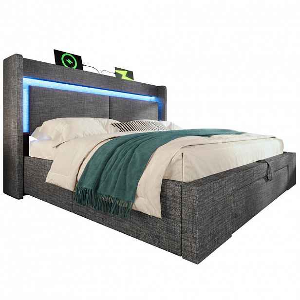 Modfu ČALOUNĚNÁ postel z lnu 140x200 cm šedá s LED osvětlením, USB a USB-C, hydraulickým úložným prostorem