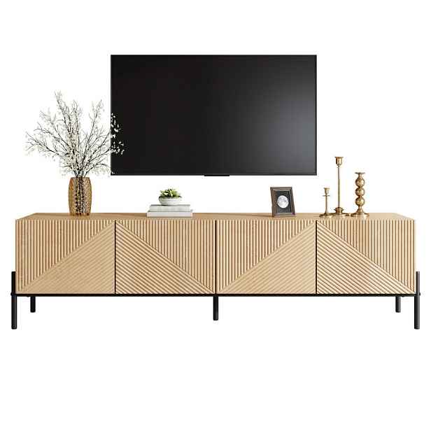Redom TV stolek 163,5/40/45 cm se 4 dvířky, 3D strukturou a systémem Push-to-Open, Přírodní