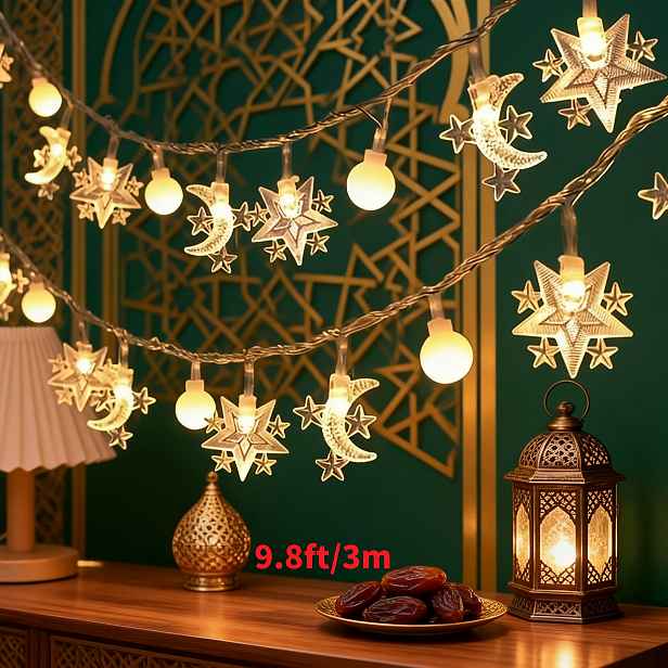 TEMU 9,8 stop/3 m LED světelný řetěz s Ramadánu, hvězd, měsíců a mini kuliček. Vhodné pro Valentýna, Nový rok, muslimské domácí festivalové dekorace.