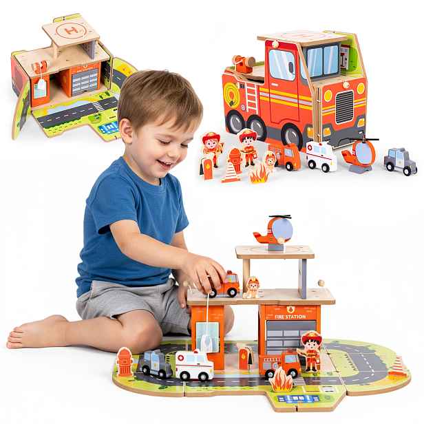 ECOTOYS Dřevěná požární stanice STATION 2v1 červená