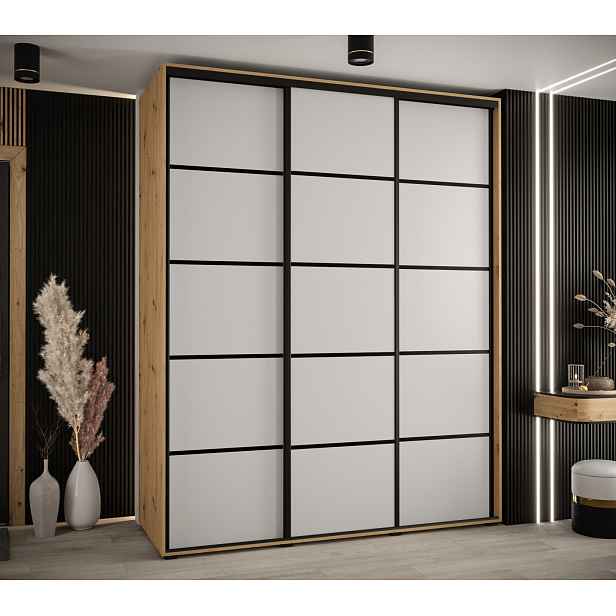 Šatní skříň YVONA 4 - 200/60 cm, dub artisan / bílá / černá