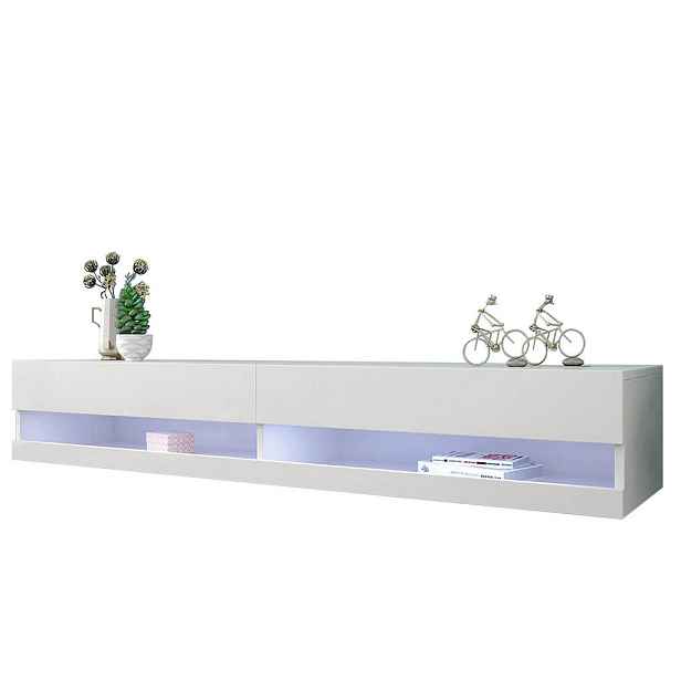 Redom TV stolek 140/40/30,5 cm se závěsným provedením, LED osvětlením a lesklým MDF povrchem, Bílá