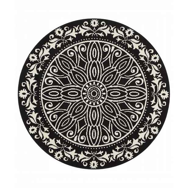 Kulatý moderní koberec do obývacího pokoje, černo krémový vzor Mandala 140 Cm