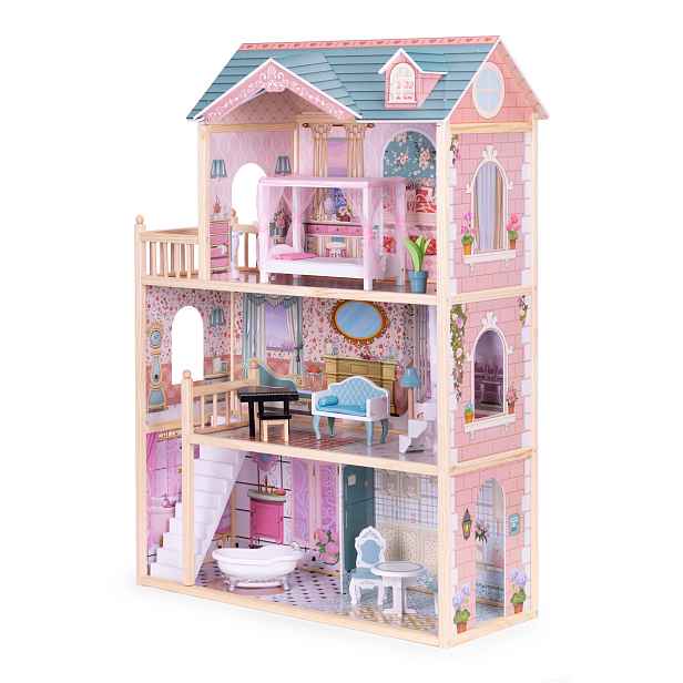 ECOTOYS Dřevěný domeček pro panenky TRIPLET růžový