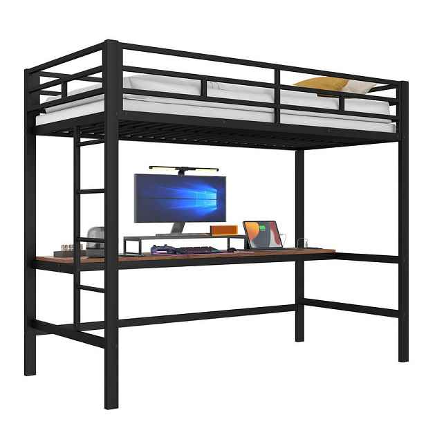 Modenvie VYSOKÁ postel 90/200 cm z kovu a MDF v černé barvě s LED a psacím stolem