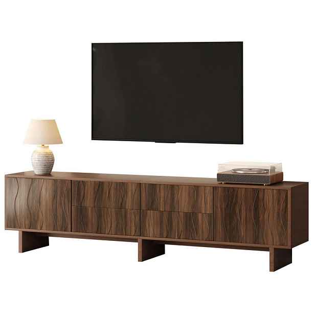 Redom TV stolek 180/40/56 cm se 4 zásuvkami a 2 dvířky, vlnitý design, pro TV do 75", ze dřevotřísky, Tmavý ořech