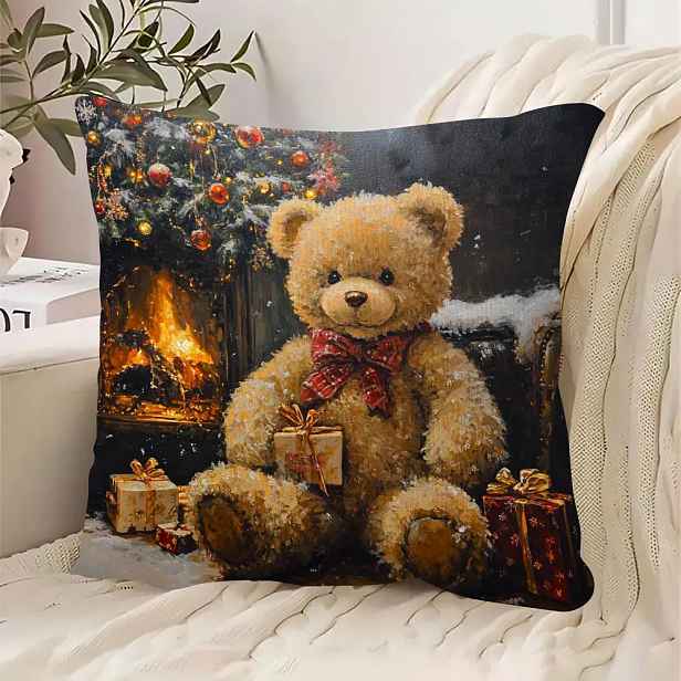 TEMU Povlak na polštář ve stylu vintage s medvídkem, 45.72X45.72 cm, oboustranný, zapínání na zip, lze prát v pračce, polyester, slavnostní domácí