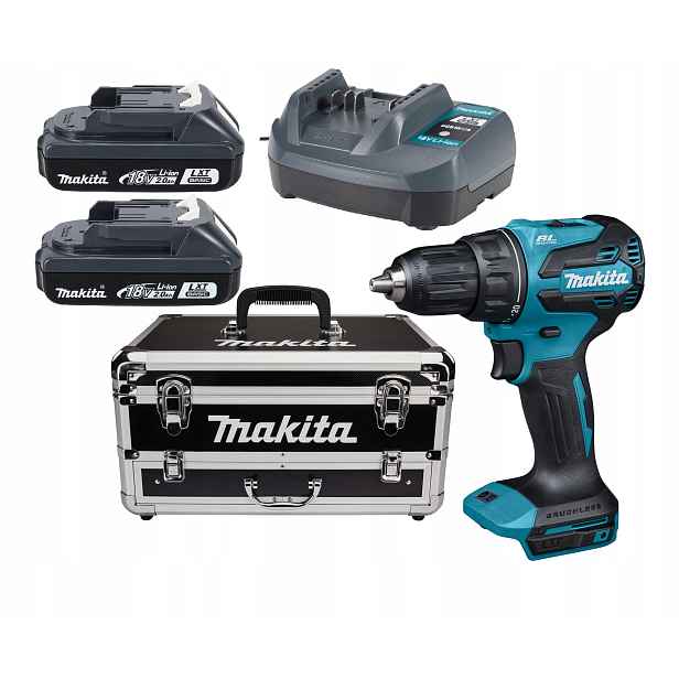Makita aku vrtačka DDF490 s příslušenstvím a bity v kufru