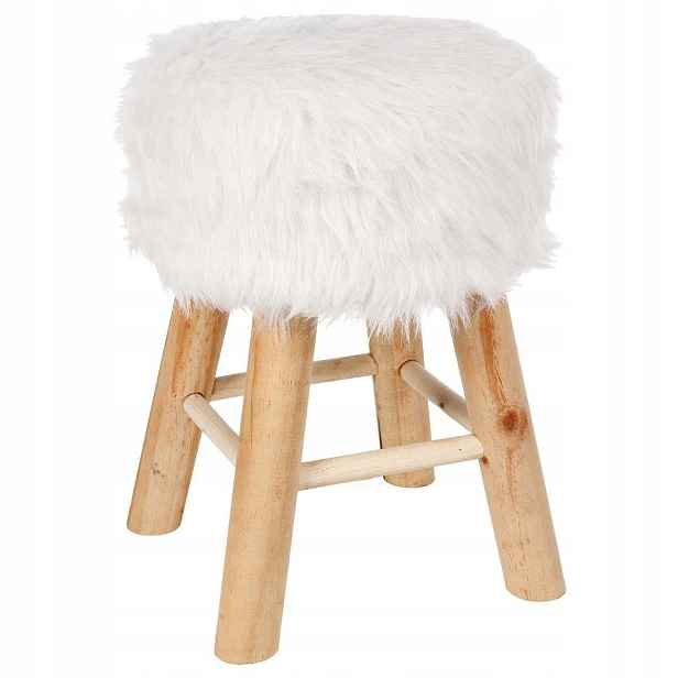 Stolička Kulatý Z Polyesteru, Kožešinový Sedák, Borovicové Dřevo, 42 CM, 30 CM