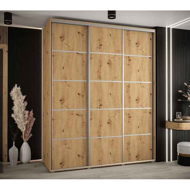 Šatní skříň YVONA 4 - 200/60 cm, dub artisan / stříbrná