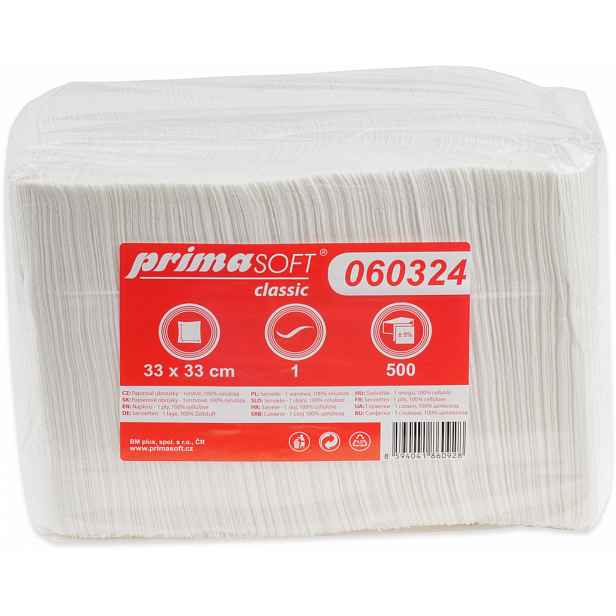 PrimaSoft Ubrousky 33x33, 1-vr., cel., extra bílá 6x500ks 060329
