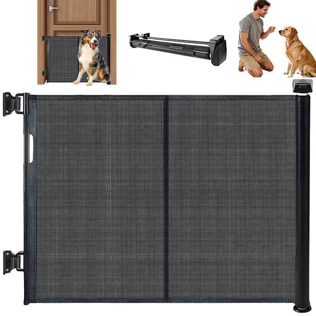 Rozkládací brána pro zvířata 150 x 86 cm černá síťovaná s dvojitým zámkem