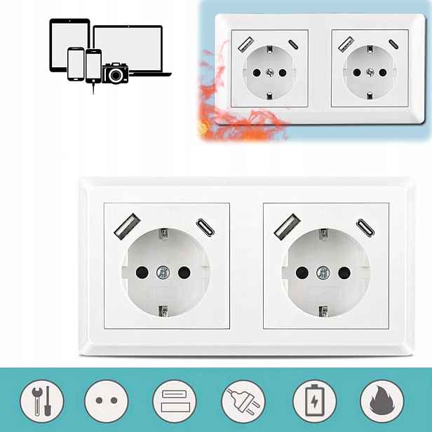 Dvojitá Zásuvka Bílá S Kolíkem A Nabíječkou Usb Typ A+c Bílá