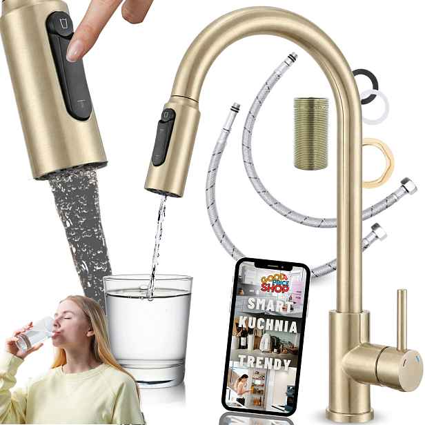 Kuchyňská Třícestná Baterie S vytahovací sprškou Zlatá pro filtr Elastická