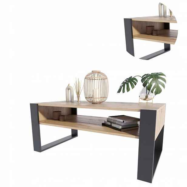 Lavička Kaja 120 cm artisan-černá, moderní velký konferenční stolek s poličkou, loft