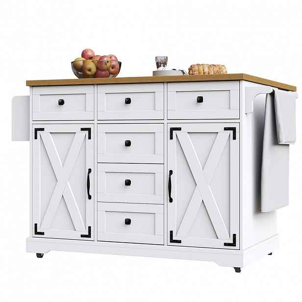 Redom KUCHYŇSKÝ ostrůvek 147/44/93 cm s rozkládacím klopným designem a velkým úložným prostorem, Bílá
