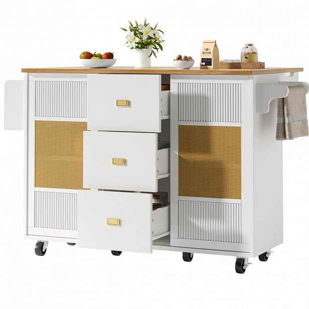 Redom KUCHYŇSKÝ ostrůvek 146,85/70/90 cm s výklopnou deskou, úložným prostorem a kolečky, Bílá