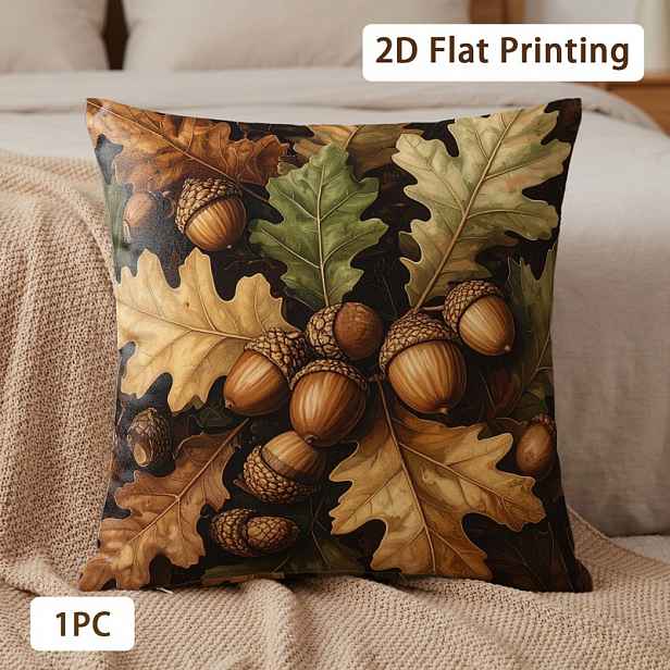 TEMU 2D plochý potisk 1ks povlak na polštář s realistickými a žaluděmi Podzimní teplý 18 x 18 palců (45 x ) Polyester Oboustranný Pratelný Odolný