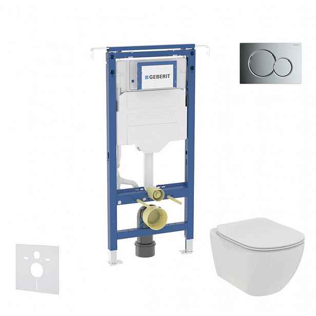 Geberit Duofix - Set předstěnové instalace, klozetu a sedátka Ideal Standard Tesi, tlačítka Sigma01, Rimless, SoftClose, lesklý chrom SANI11CD1102