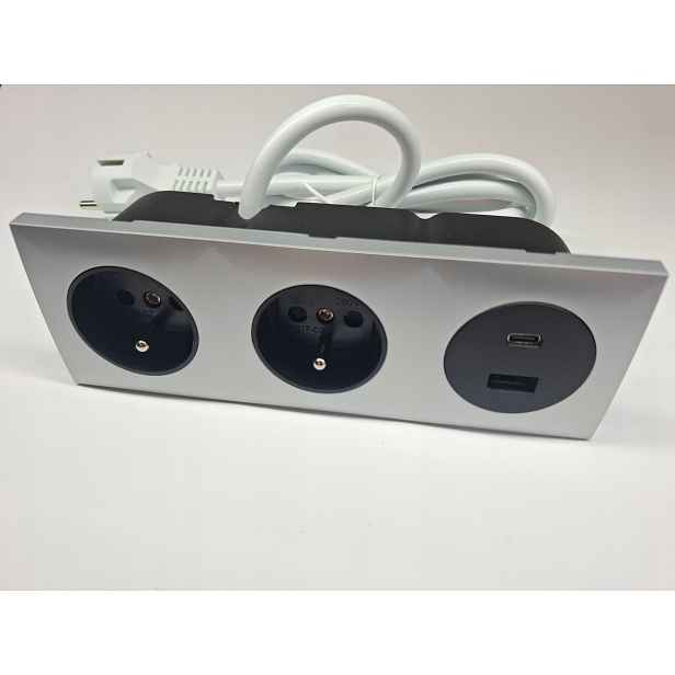 Elektrická zásuvka trojitá 2x230V 2USB zapuštěný nábytkový port šedá