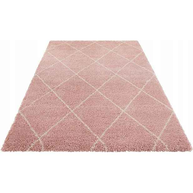 Růžovo krémový hrubý koberec typu shaggy do obývacího pokoje, vzor boho 200 x 290 cm