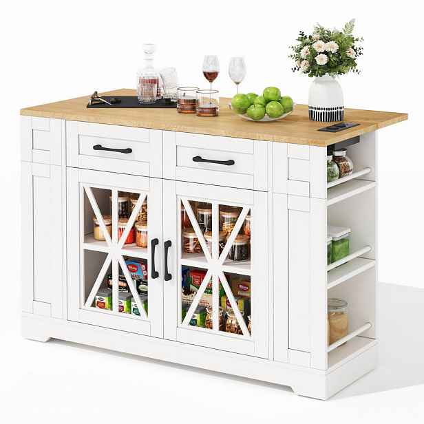 Redom KUCHYŇSKÝ ostrůvek 120/40(65)/92 cm se sklopným stolem, zásuvkou, USB, skleněnými dvířky a kolečky z MDF, bílá/přírodní
