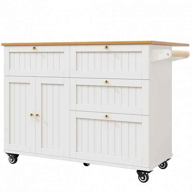 Redom KUCHYŇSKÝ ostrůvek 133/37,3/88 cm s klopnou dvířky a mobilní konstrukcí, praktický úložný prostor, Bílá