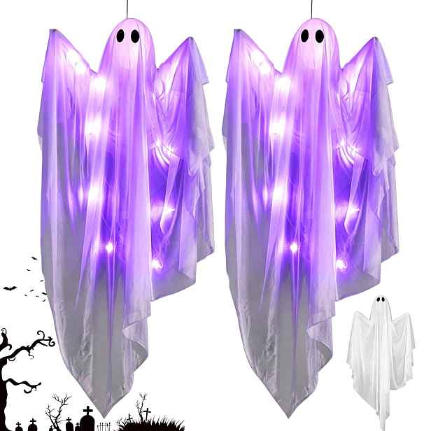 2ks Dekorace Halloween Duch Závěsný Zjevení 120cm S Fialovou Led lampou