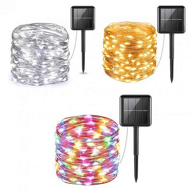 TEMU 1 Řetěz 50/100/200/300 LED Solárních Venkovních Světel, Měděné Drátové Pohádkové Světla s 8 Režimy, Solární Zahradní Chytrá Světla pro Párty,