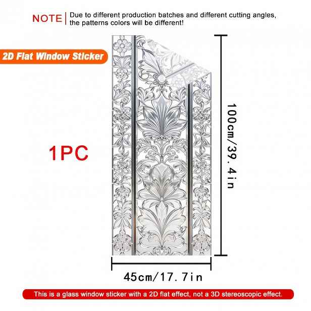 TEMU 2D plochá fólie - 2D plochá fólie - 1 ks. Květinový skleněný design, 2D okenní fólie. PVC staticky adsorpční okenní fólie, 45 x 100 cm. Domácí