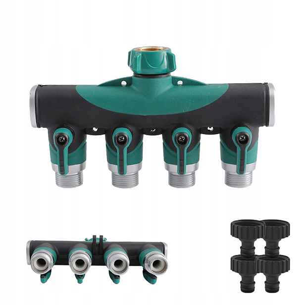 Zahradní rozdělovač vody se 4 ventily na kohoutek 1/2" s redukcí 3/4"