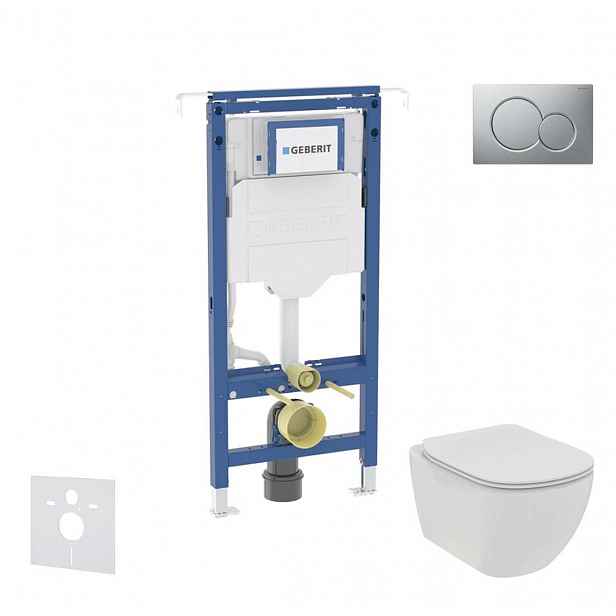 Geberit Duofix - Set předstěnové instalace, klozetu a sedátka Ideal Standard Tesi, tlačítka Sigma01, Rimless, SoftClose, matný chrom SANI11CD2105
