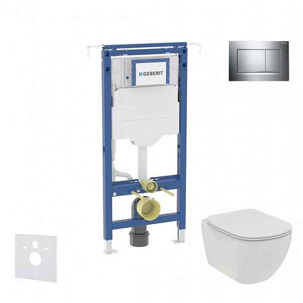 Geberit Duofix - Set předstěnové instalace, klozetu a sedátka Ideal Standard Tesi, tlačítka Sigma20, Rimless, SoftClose, lesklý chrom/chrom mat SANI11