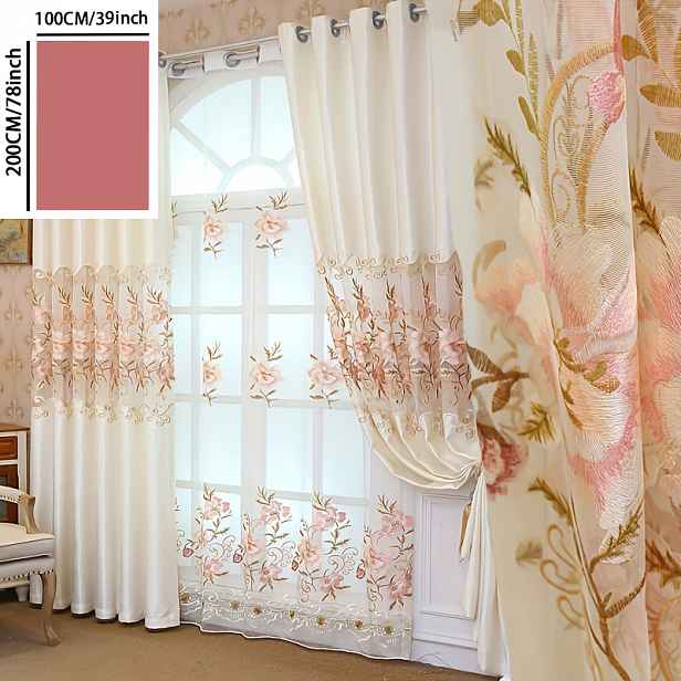 TEMU 1ks Elegantní Růžová Květinová Vyšívaná Průsvitná Závěs s Očkami - Poloprůhledný Polyester, Pratelný v Pračce pro Soukromí v Obývacím Pokoji &