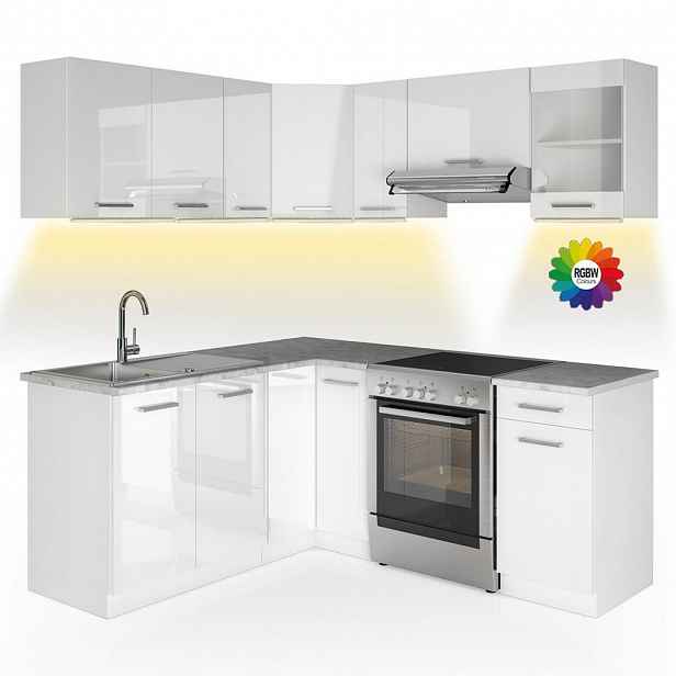 Vicco ROHOVÁ KUCHYŇ R-Line, Bílá vysoký lesk/Bílá, 187 x 167 cm s pracovní deskou s páskem LED