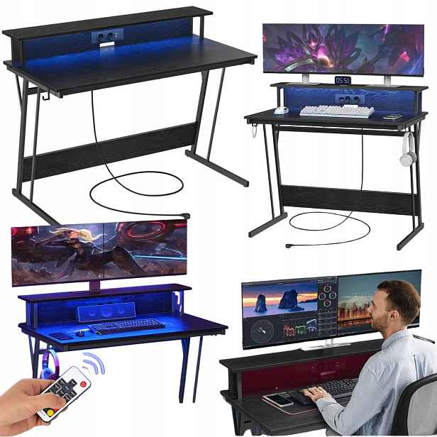 Počítačový stůl černý 100 cm Led podsvícení Rgb Usb Stojan na monitor