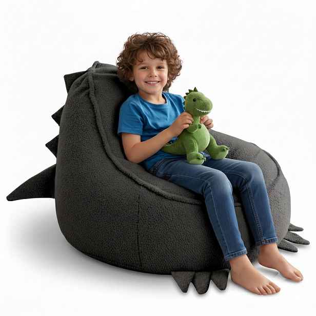 Dreamroots SEDACÍ VAK PRO DĚTI Dino 75/75/55 cm, měkké bouclé 315 g/m², snímatelný potah, Steel Grey
