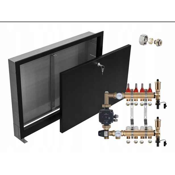 Rozdělovač pro podlahu 4 s Pompou Grundfos+pex+podomítková Skříňka Černá