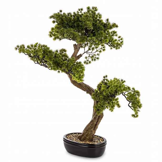 Dekorativní zelená rostlina v květináči, hnědá umělý květ stromek bonsai