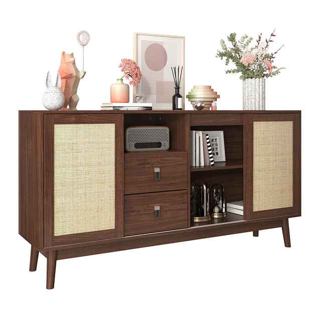 Modenvie SIDEBOARD 155/38/80 cm z MDF a dřevotřísky v tmavém dřevodekoru s ratanem