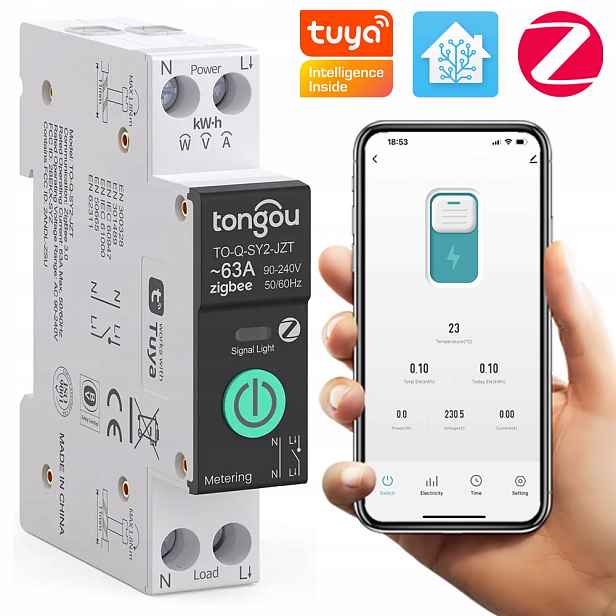 Relé ZigBee 63A měření proudu pojistka Tuya Smart Home Assistant